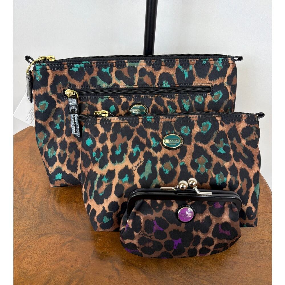 NWT Coach Jade Multicolor Leopard Print 3 Piece Travel Bag & Wallet Set